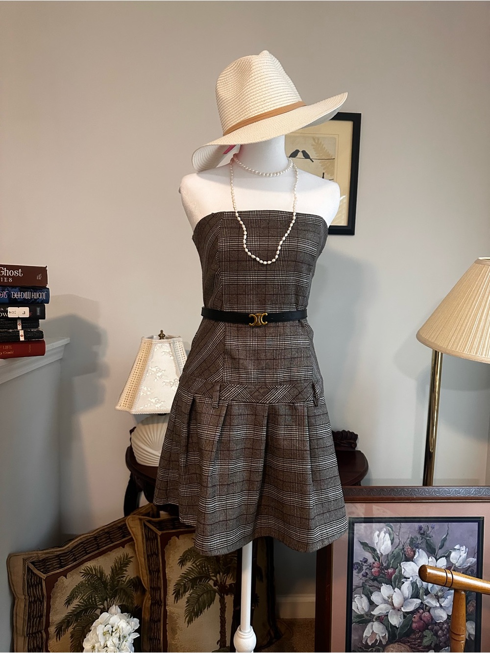 iris Brown Plaid Strapless A-Line Dress